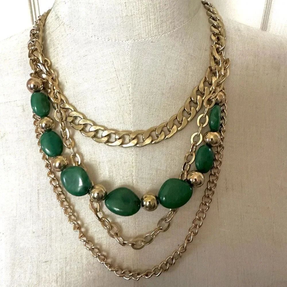 Gold tone chain and green beaded multi strand necklace